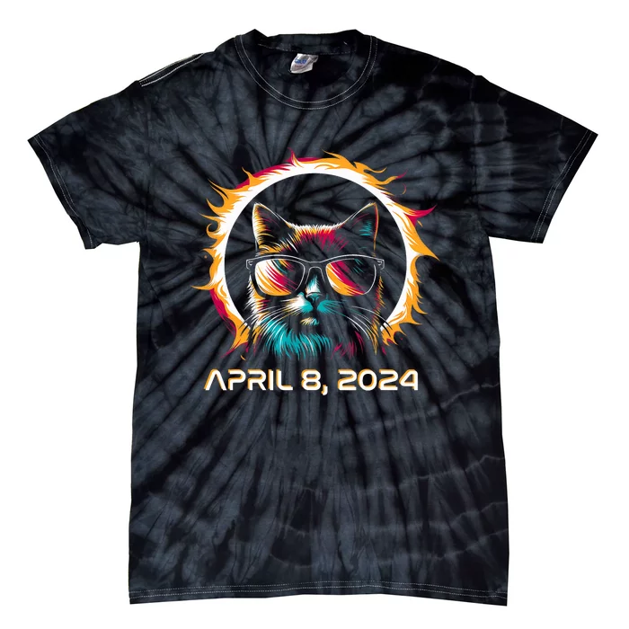 Total Solar Eclipse 2024 Cat In Astronomy Glasses Tie-Dye T-Shirt