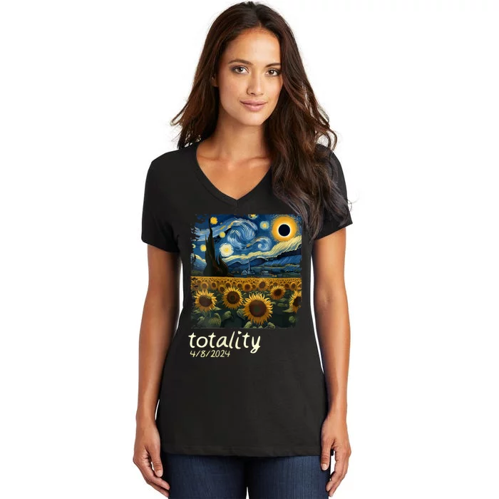 Total Solar Eclipse 2024 4.08.24 Starry Night Painting Women's V-Neck T-Shirt