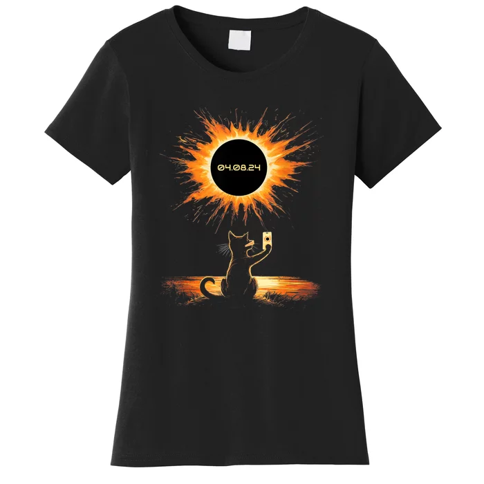 Total Solar Eclipse 2024 April 8 Cat America Totality Women's T-Shirt