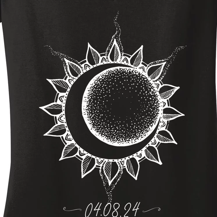 Total Solar Eclipse April 8 2024 Sun Moon Boho Eclipse Women's V-Neck T-Shirt