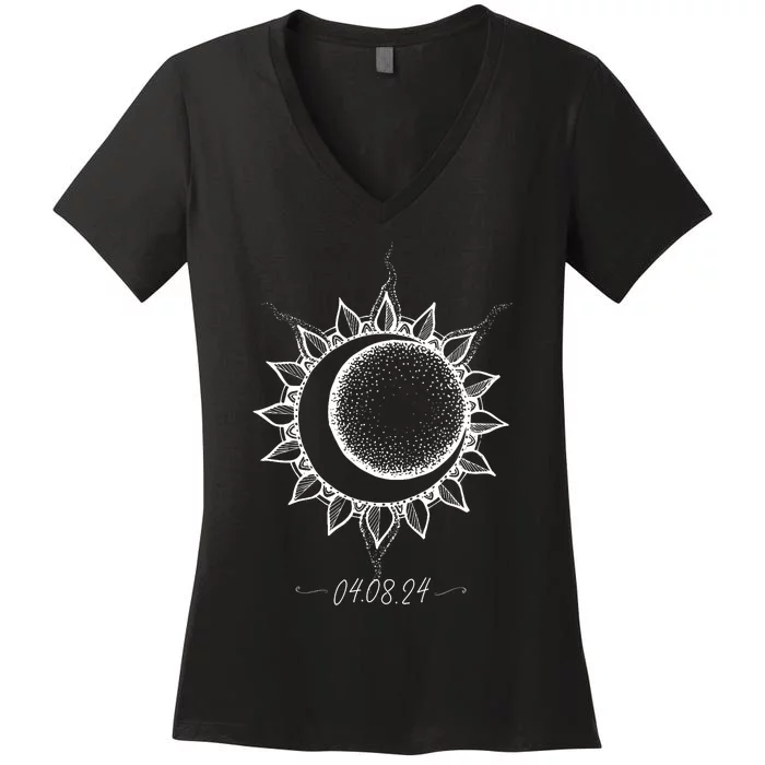 Total Solar Eclipse April 8 2024 Sun Moon Boho Eclipse Women's V-Neck T-Shirt