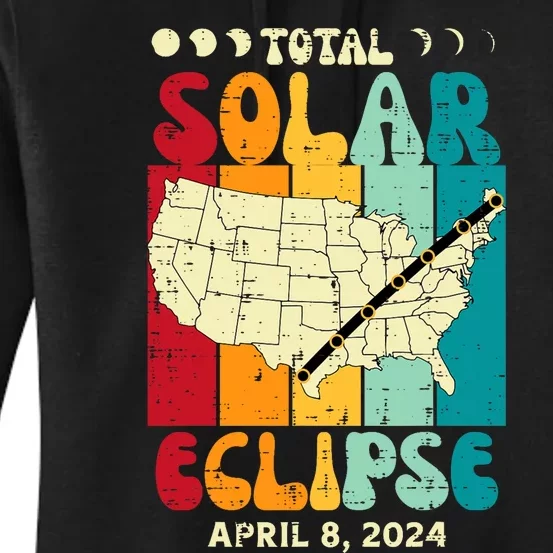 Total Solar Eclipse Usa Map Retro April 8 2024 Women's Pullover Hoodie