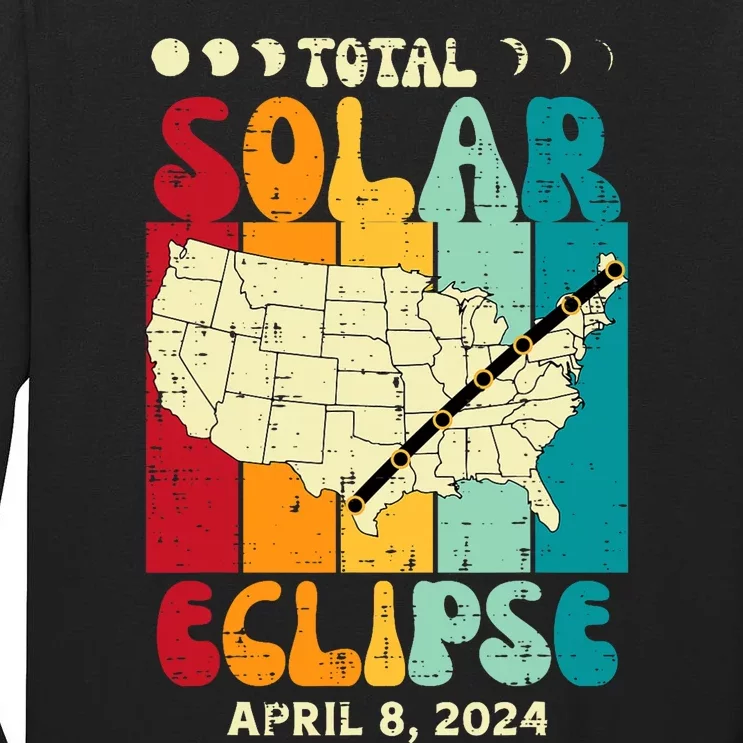 Total Solar Eclipse Usa Map Retro April 8 2024 Tall Long Sleeve T-Shirt