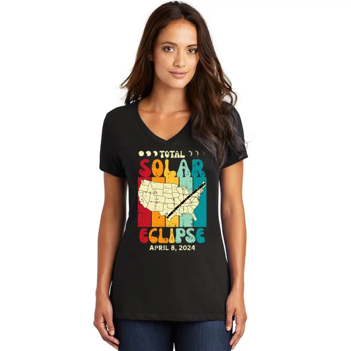 Total Solar Eclipse Usa Map Retro April 8 2024 Women's V-Neck T-Shirt