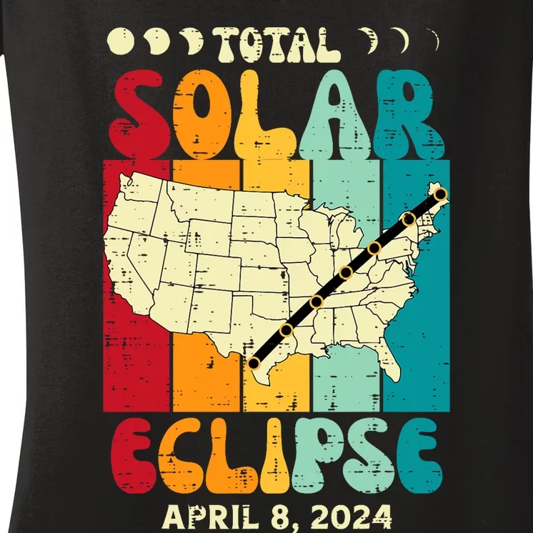 Total Solar Eclipse Usa Map Retro April 8 2024 Women's V-Neck T-Shirt