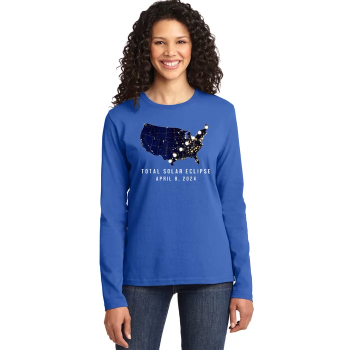 Total Solar Eclipse Map Of The Usa 4.08.2024 Ladies Long Sleeve Shirt