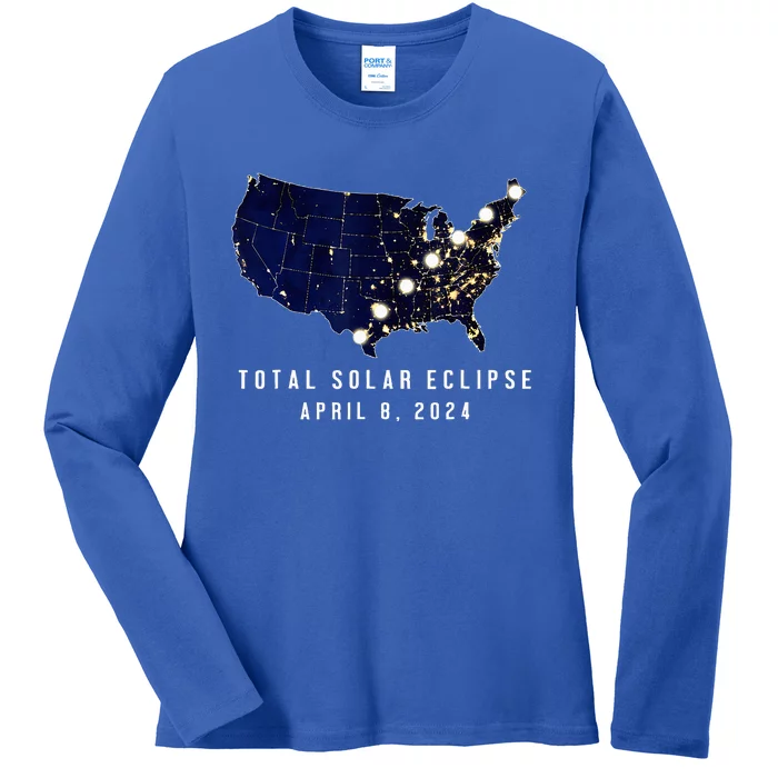 Total Solar Eclipse Map Of The Usa 4.08.2024 Ladies Long Sleeve Shirt