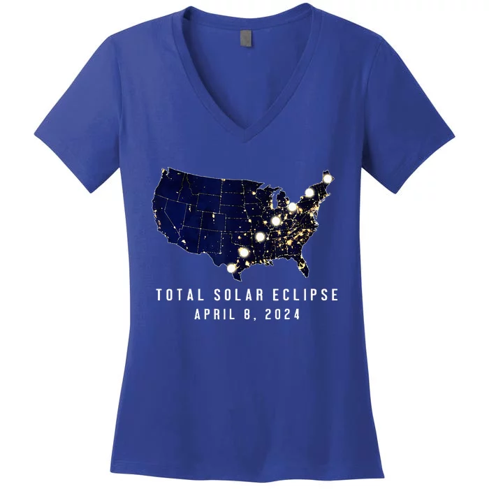 Total Solar Eclipse Map Of The Usa 4.08.2024 Women's V-Neck T-Shirt