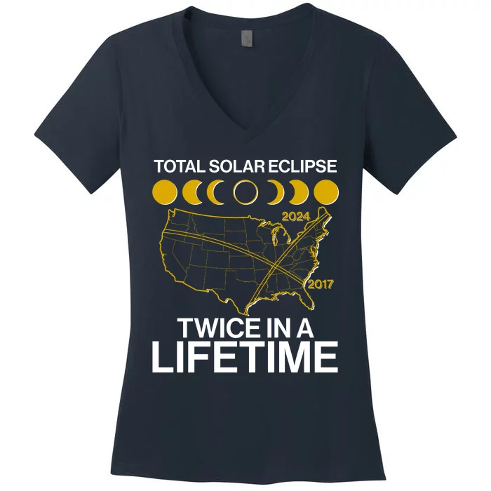 Total Solar Eclipse Twice In A Lifetime 2017 2024 Women's V-Neck T-Shirt