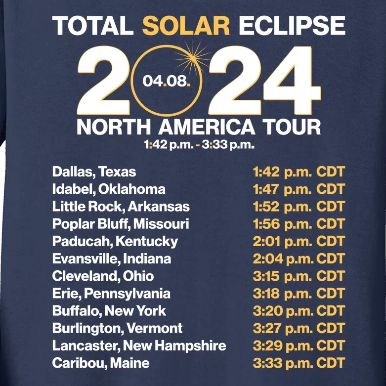 Total Solar Eclipse April 8 2024 North America Dates Kids Long Sleeve Shirt