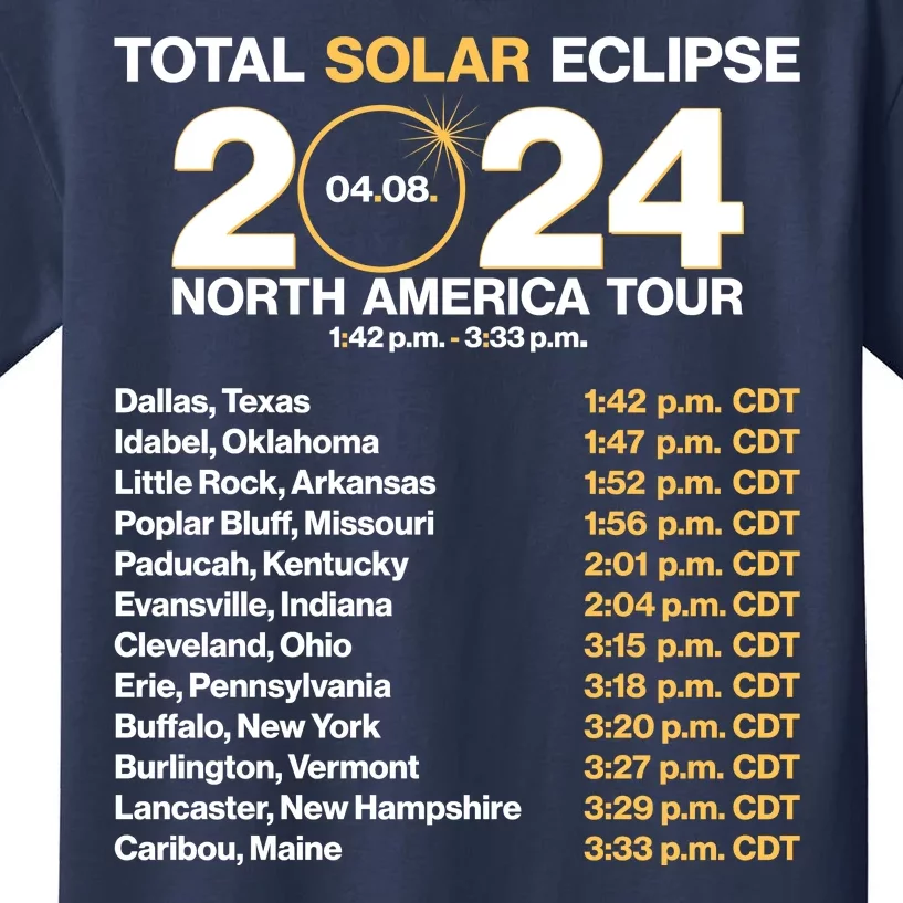 Total Solar Eclipse April 8 2024 North America Dates Kids T-Shirt