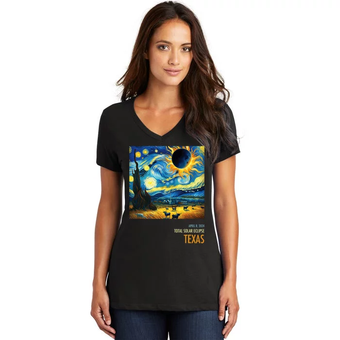 Total Solar Eclipse 2024 Texas Women's V-Neck T-Shirt