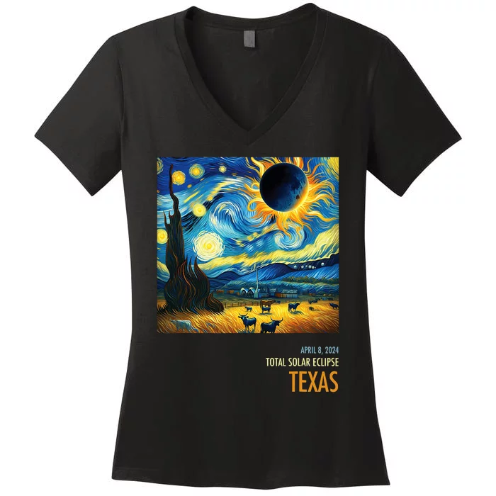 Total Solar Eclipse 2024 Texas Women's V-Neck T-Shirt