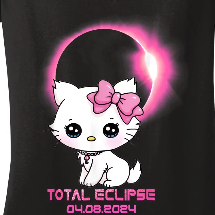 Total Solar Eclipse April 8 2024 Cat Boy Girl Funny Women's V-Neck T-Shirt