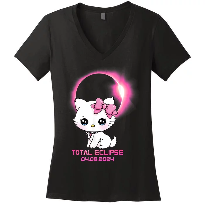 Total Solar Eclipse April 8 2024 Cat Boy Girl Funny Women's V-Neck T-Shirt