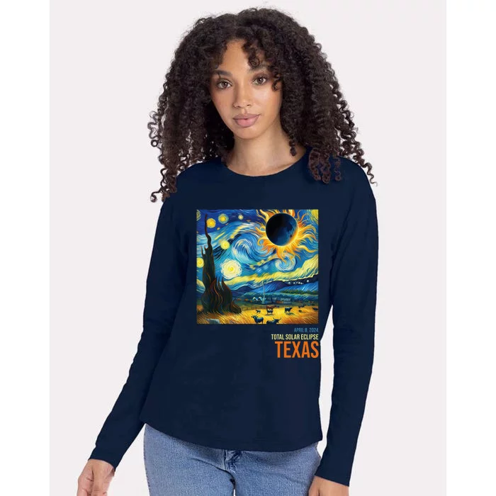 Total Solar Eclipse 2024 Texas Painting Womens Cotton Relaxed Long Sleeve T-Shirt