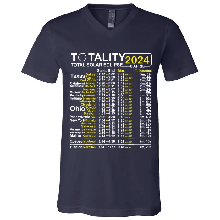 Total Solar Eclipse 2024 Time - April 8 Path Of The Eclipse V-Neck T-Shirt