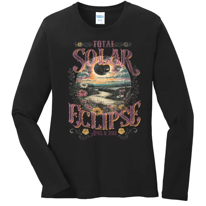 Total Solar Eclipse April 8 2024 Vintage Flowers Astrology Ladies Long Sleeve Shirt