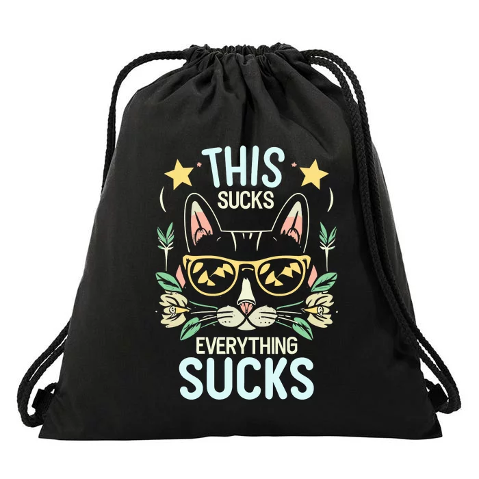 This Sucks Everything Sucks Funny Cat Drawstring Bag