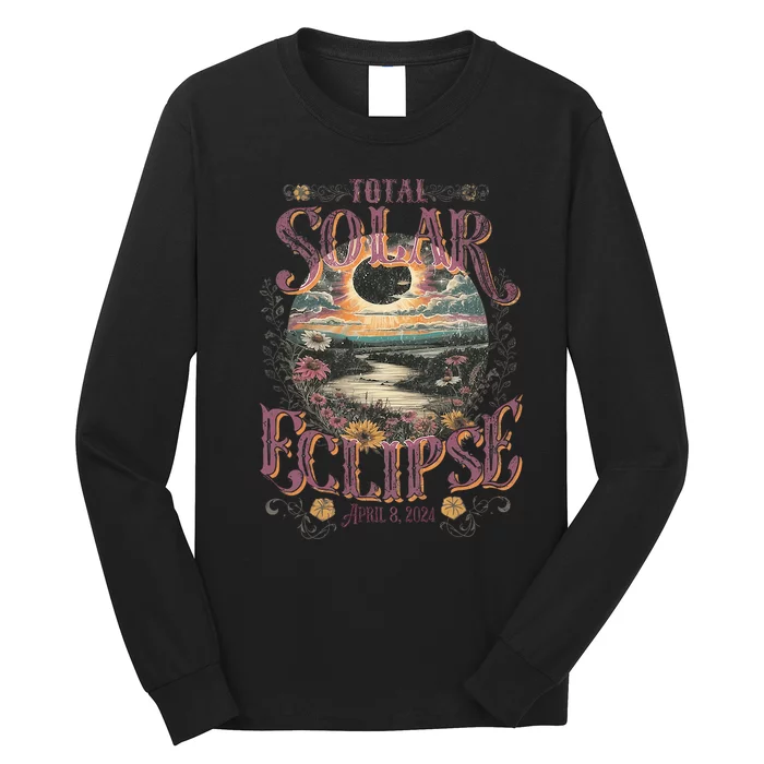 Total Solar Eclipse April 8 2024 Vintage Flowers Astrology Long Sleeve Shirt