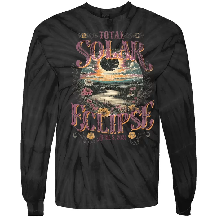 Total Solar Eclipse April 8 2024 Vintage Flowers Astrology Tie-Dye Long Sleeve Shirt