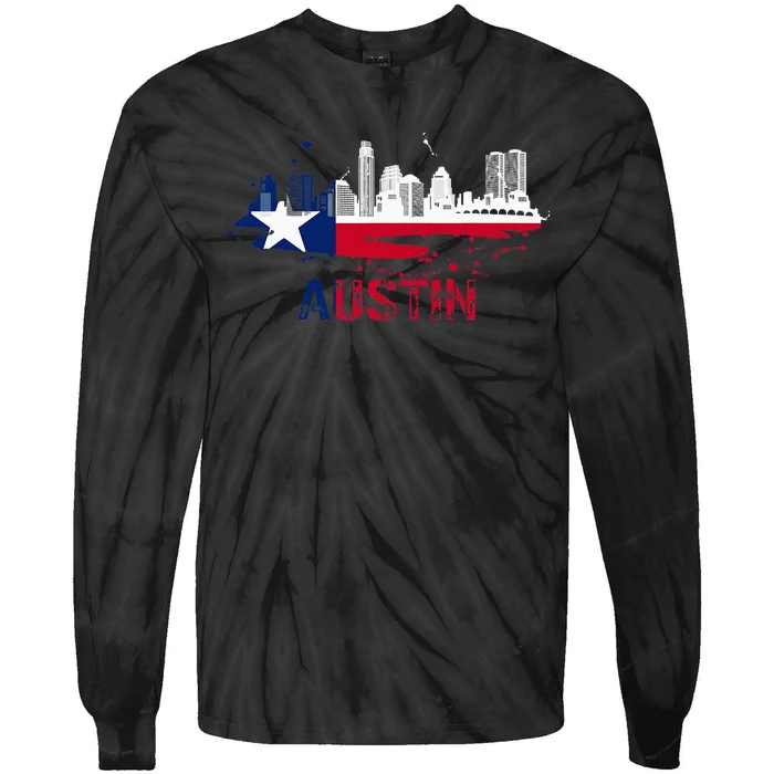 Texas State Flag Austin Skyline Austin Texas Skyline Tie-Dye Long Sleeve Shirt