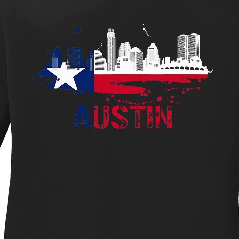 Texas State Flag Austin Skyline Austin Texas Skyline Ladies Long Sleeve Shirt