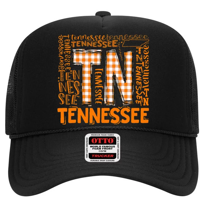 Tennessee State Flag Orange Plaid Tn High Crown Mesh Trucker Hat