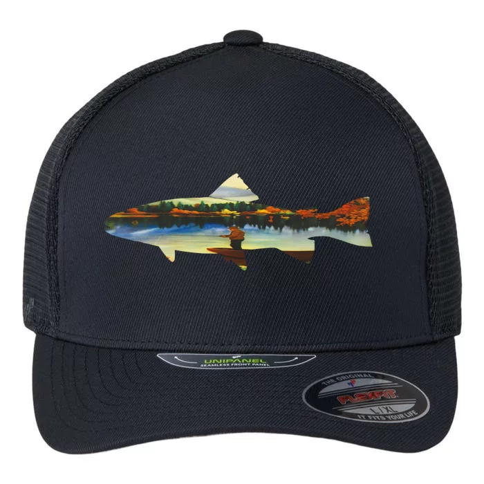 Trout Silhouette Fly Fishing Sunset Lake Flexfit Unipanel Trucker Cap