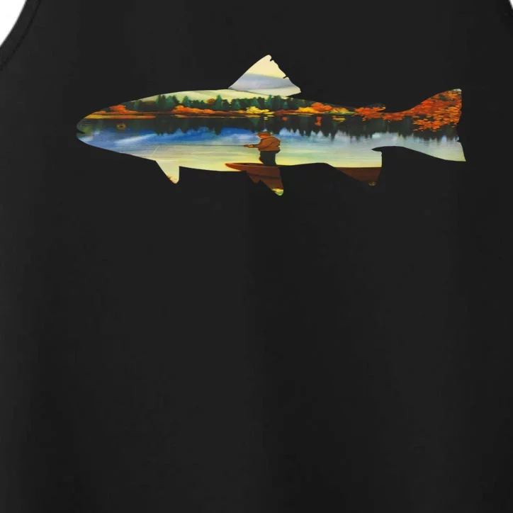 Trout Silhouette Fly Fishing Sunset Lake Performance Tank