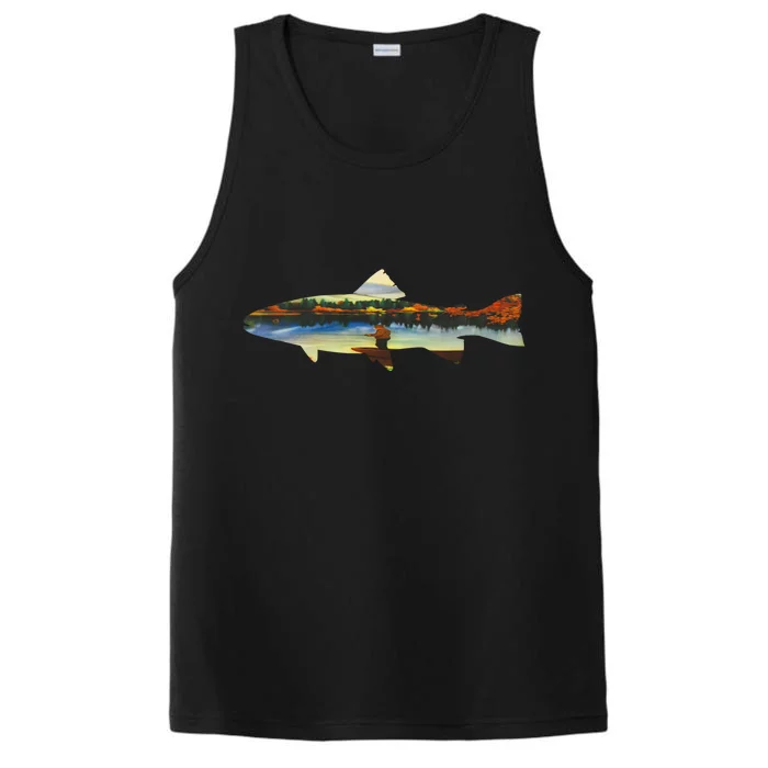 Trout Silhouette Fly Fishing Sunset Lake Performance Tank