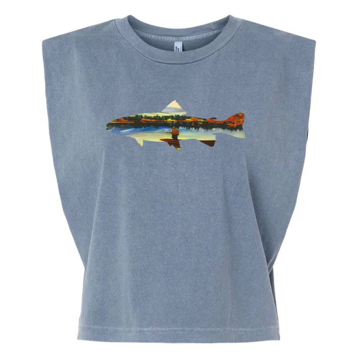 Trout Silhouette Fly Fishing Sunset Lake Garment-Dyed Women's Muscle Tee