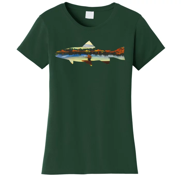 Trout Silhouette Fly Fishing Sunset Lake Women's T-Shirt