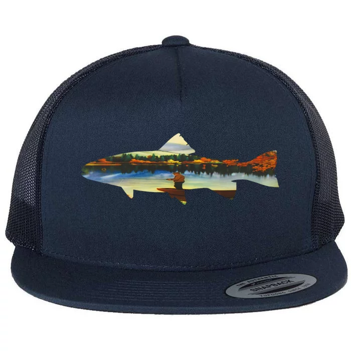 Trout Silhouette Fly Fishing Sunset Lake Flat Bill Trucker Hat