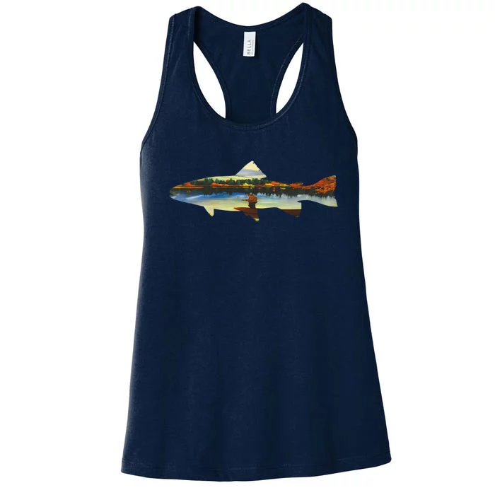 Trout Silhouette Fly Fishing Sunset Lake Women's Racerback Tank