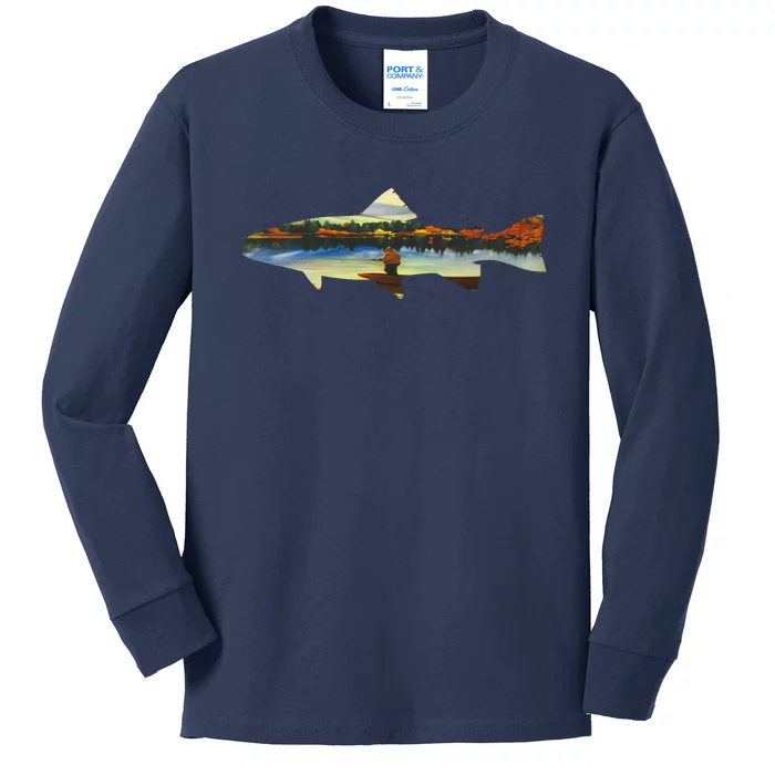 Trout Silhouette Fly Fishing Sunset Lake Kids Long Sleeve Shirt