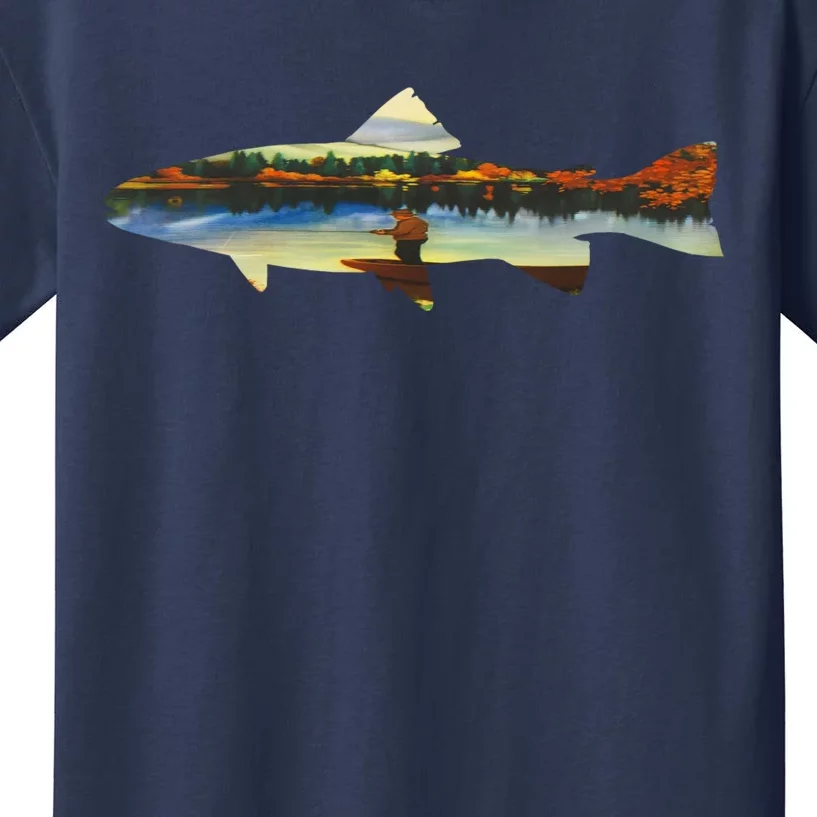 Trout Silhouette Fly Fishing Sunset Lake Kids T-Shirt