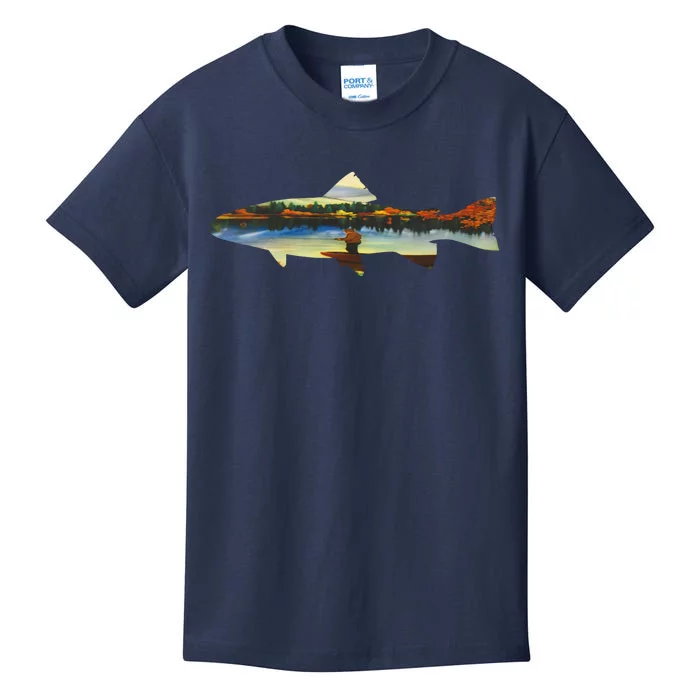 Trout Silhouette Fly Fishing Sunset Lake Kids T-Shirt