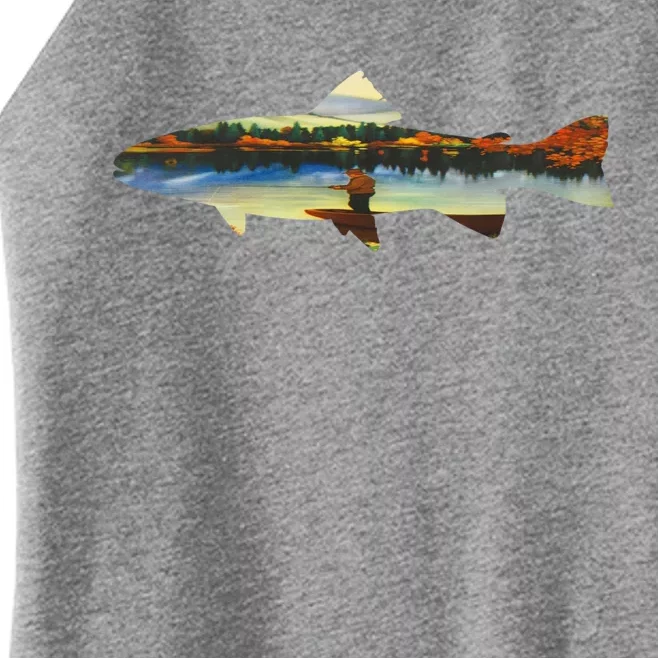 Trout Silhouette Fly Fishing Sunset Lake Women’s Perfect Tri Rocker Tank