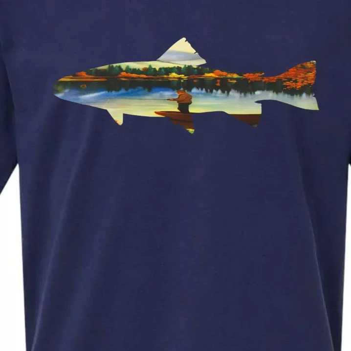 Trout Silhouette Fly Fishing Sunset Lake Sueded Cloud Jersey T-Shirt