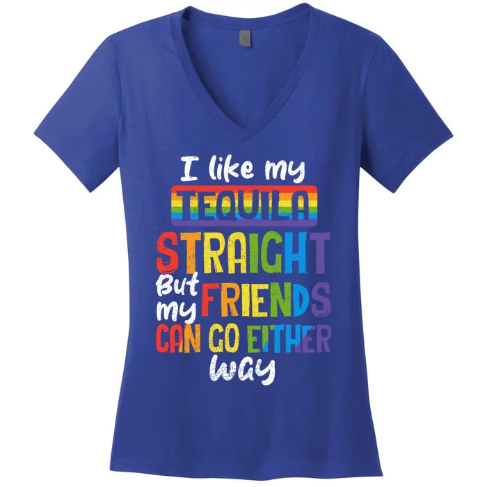 Tequila Straight Friends Go Either Way Funny Lgbt Ally Pride Gift Women's V-Neck T-Shirt