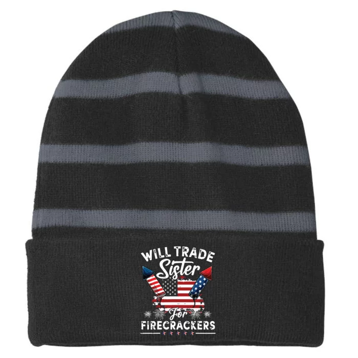 Trade Sister For Firecrackers Funny 4th Of July Striped Beanie with Solid Band