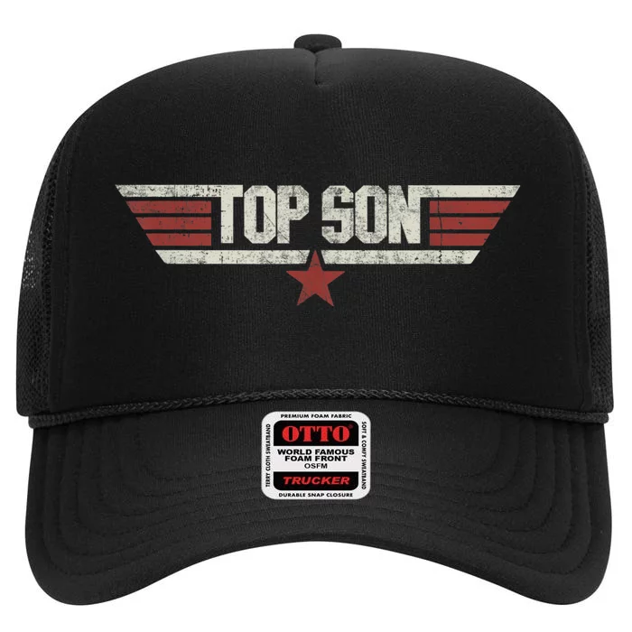 Top Son Funny Vintage 80s Gift Cat Father Fathers Day High Crown Mesh Trucker Hat