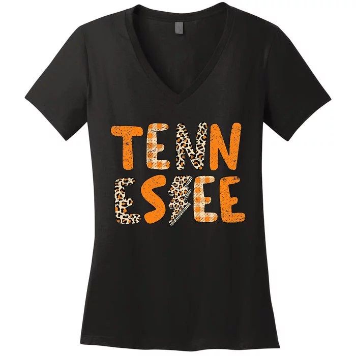 Tennessee State Flag Orange Plaid Leopard TN Women's V-Neck T-Shirt