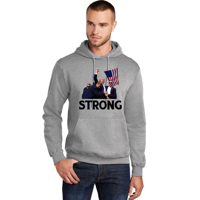 Trump Strong Fist Hand Us Vote Trump 2024 Survives Rally Tall Hoodie