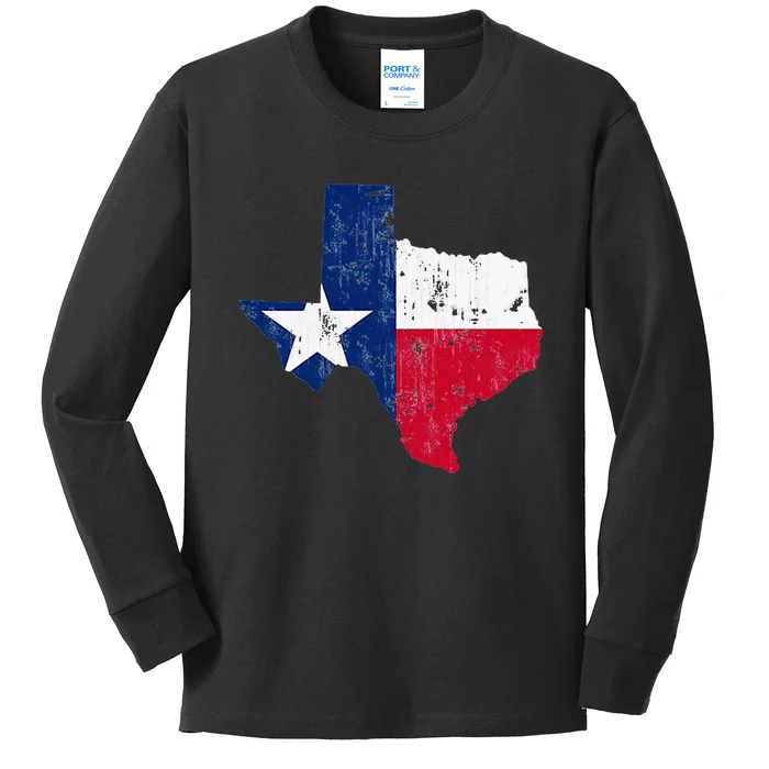 Texas State Flag Map Vintage Distressed Kids Long Sleeve Shirt