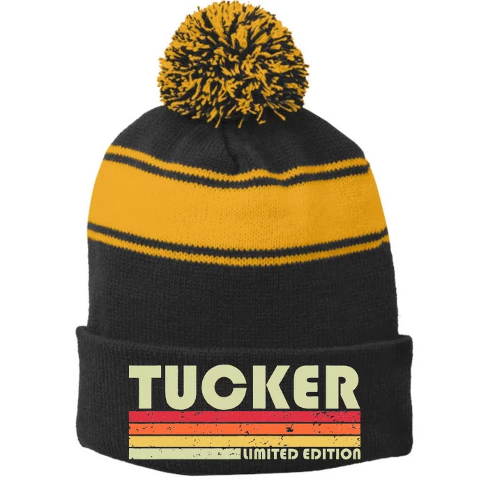 Tucker Surname Funny Retro Vintage 80s 90s Birthday Reunion Stripe Pom Pom Beanie