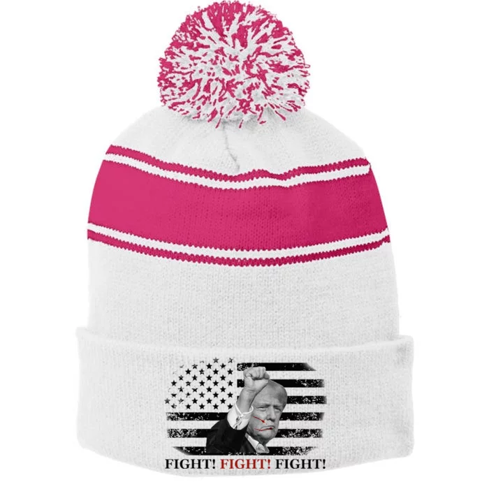 Trump Shooting Fist In Air Fight Blood On Face Stripe Pom Pom Beanie