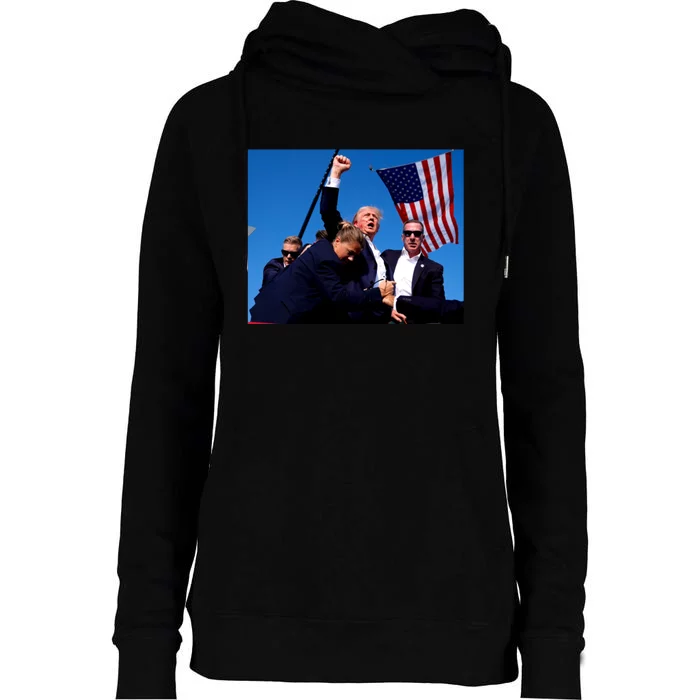 Trump Shot Fist Pump Womens Funnel Neck Pullover Hood