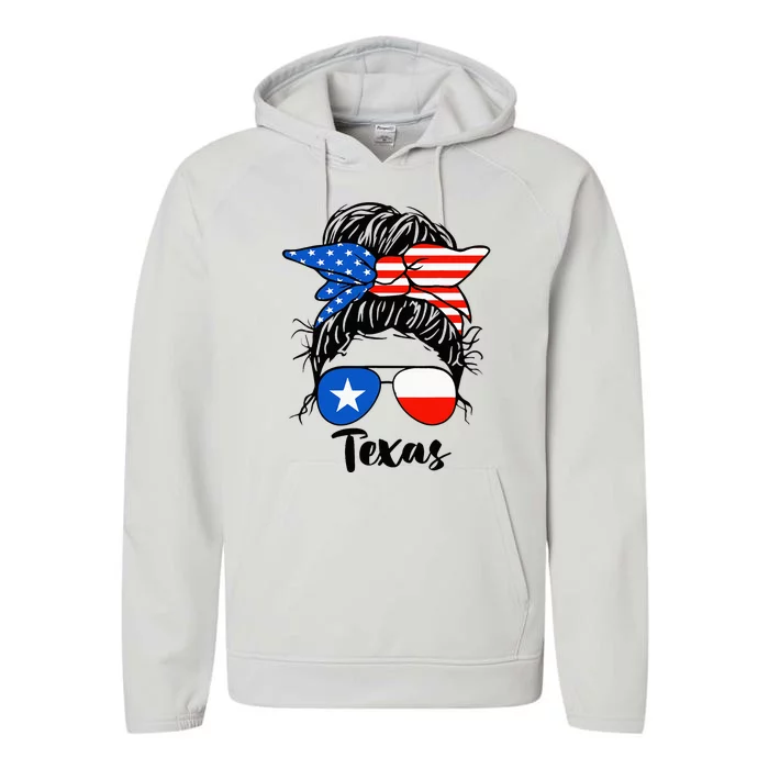 Texas State Flag Sunglasses Mom Messy Bun Hair Girl Performance Fleece Hoodie